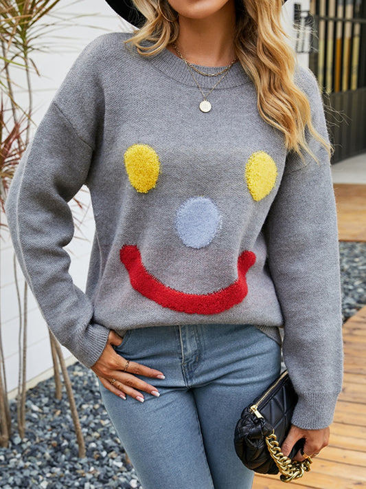 Smile Pattern Round Neck Dropped Shoulder Sweater