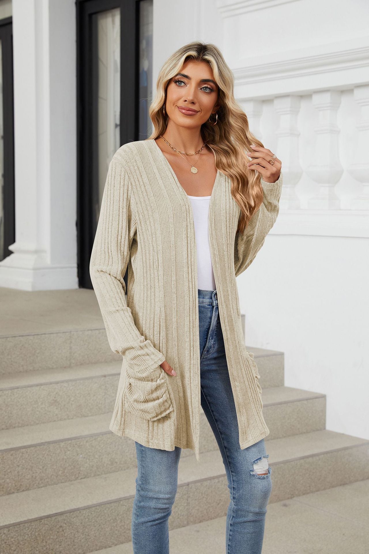 Pocketed Open Front Long Sleeve Cardigan