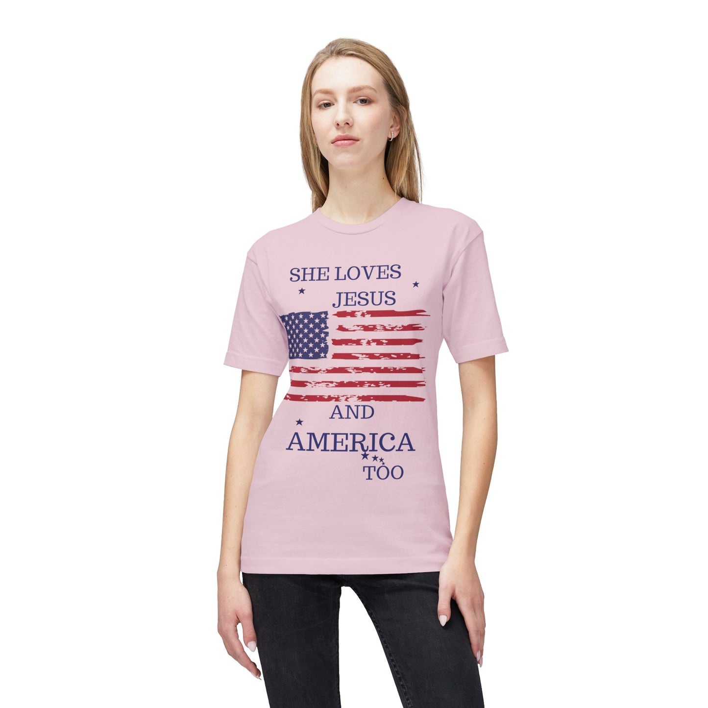 She Loves Jesus and America Too Midweight July 4th T-shirt