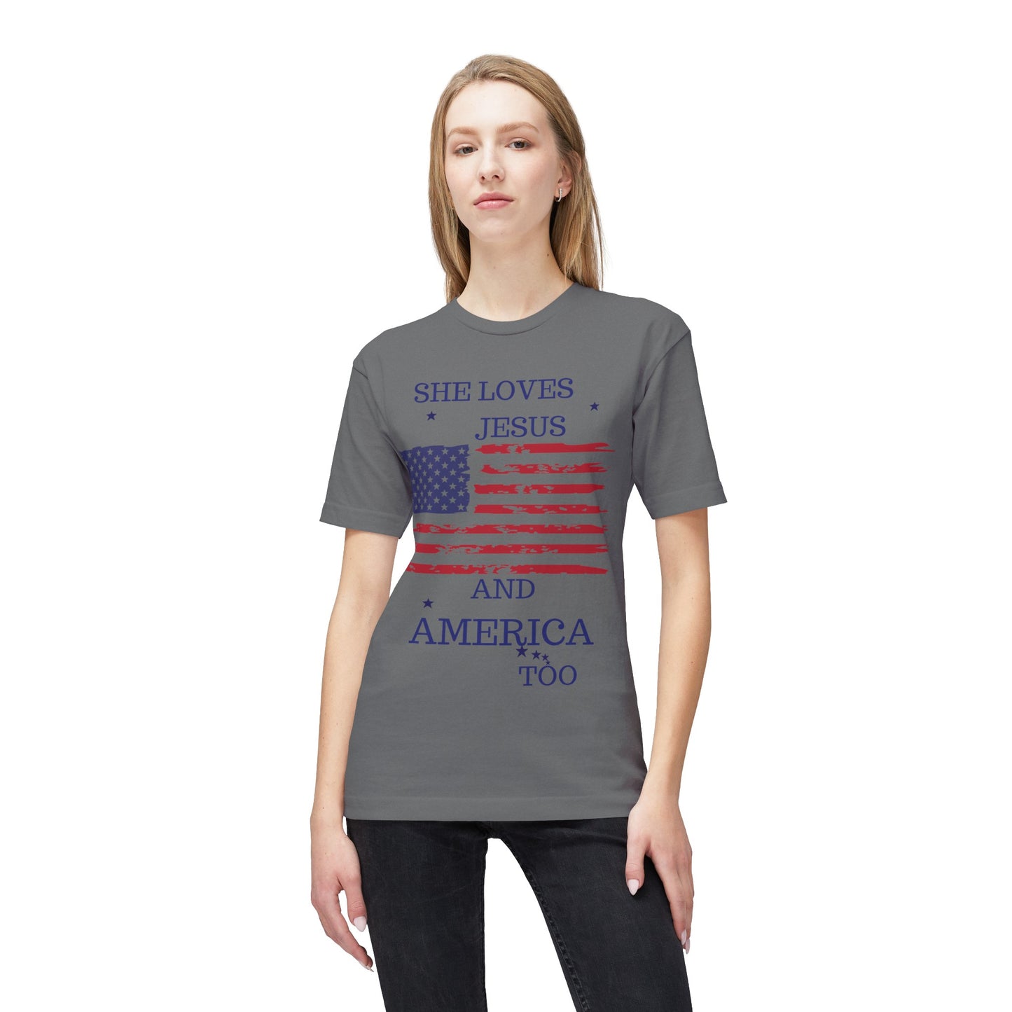 She Loves Jesus and America Too Midweight July 4th T-shirt