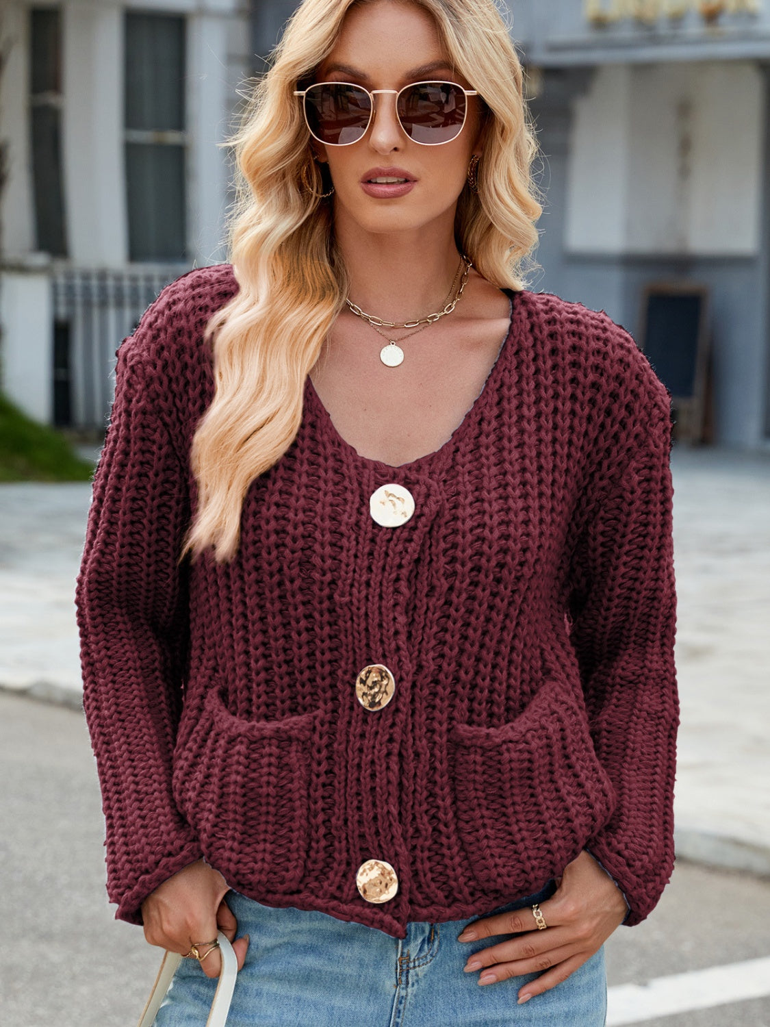 Round Neck Button Up Cardigan with Pockets