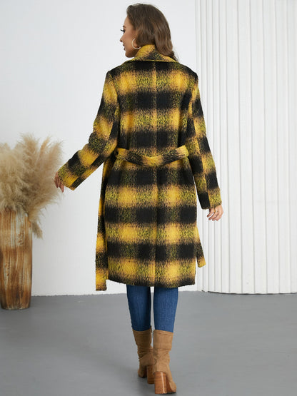 Plaid Tie Waist Long Sleeve Coat