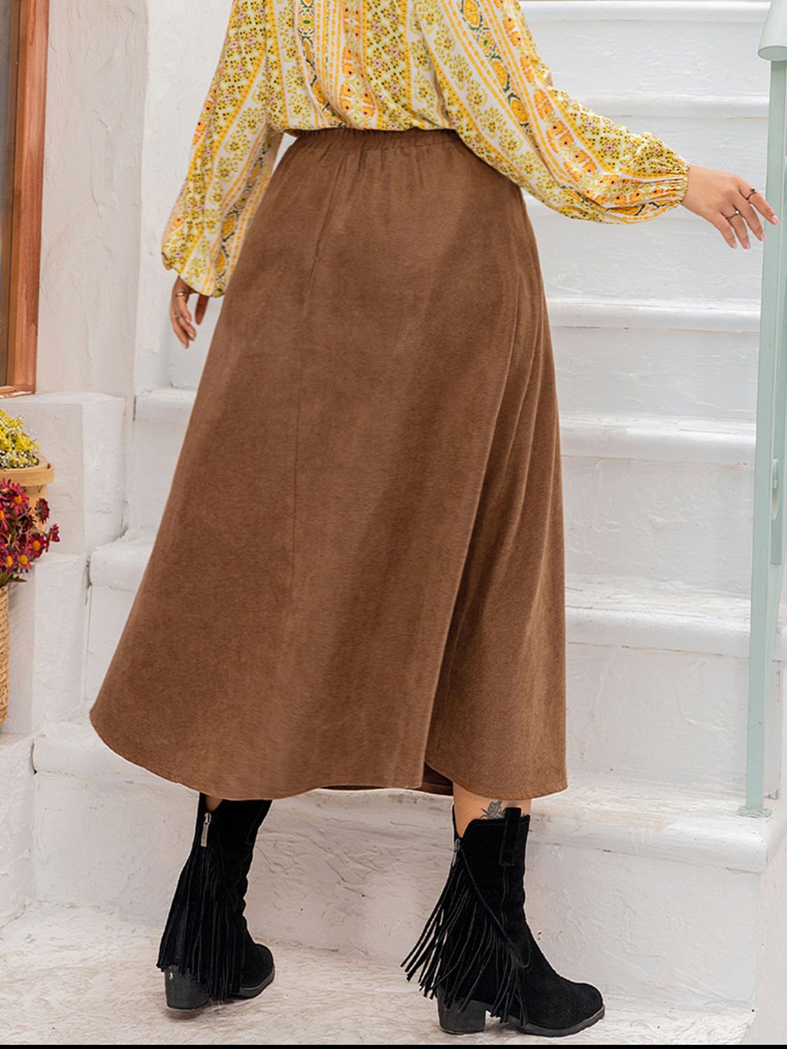 Plus Size Embroidered Pocketed High Waist Skirt