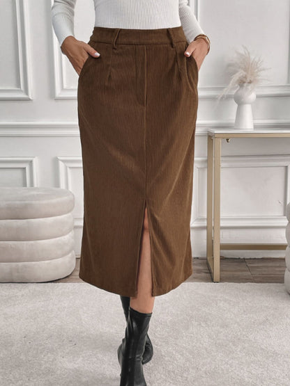 Perfee Slit Midi Skirt with Pockets