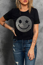 Load image into Gallery viewer, Rhinestone Smiley Round Neck Short Sleeve T-Shirt
