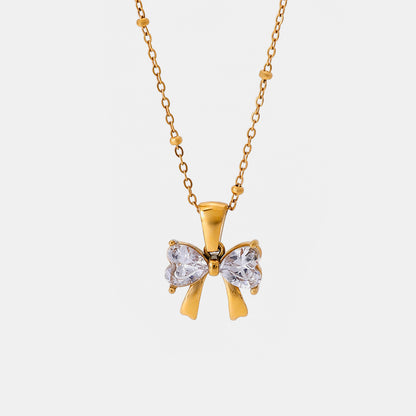 Stainless Steel Inlaid Zircon Bow Necklace