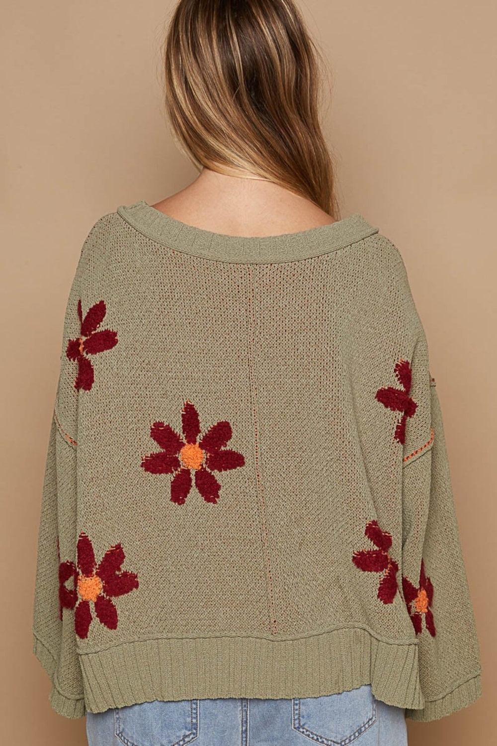 POL V-Neck Floral Pattern Chenille Sweater