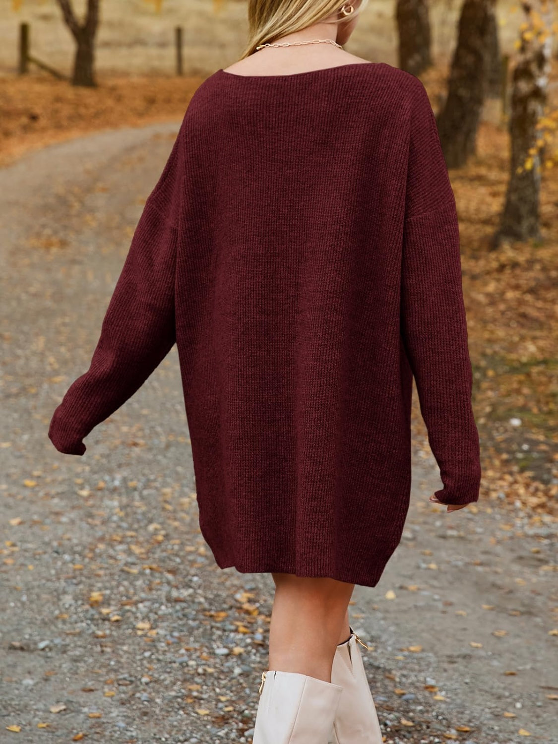 V-Neck Dropped Shoulder Sweater Dress