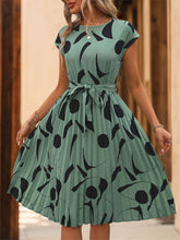 Load image into Gallery viewer, Tied Pleated Printed Cap Sleeve Dress
