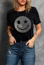 Load image into Gallery viewer, Rhinestone Smiley Round Neck Short Sleeve T-Shirt
