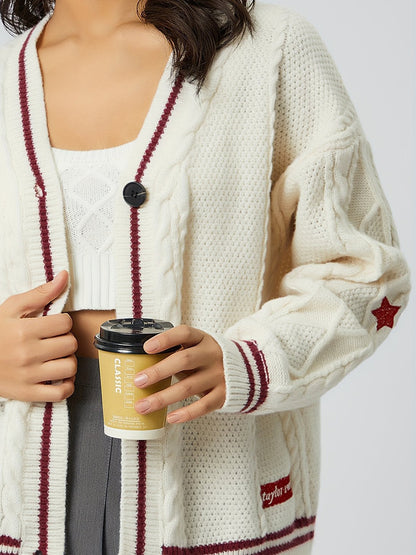 Star Embroidered V-Neck Long Sleeve Cardigan