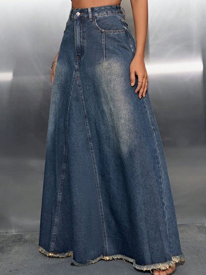 Raw Hem High Waist Denim Skirt with Pockets