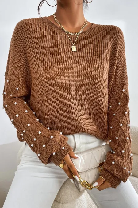 Pearl Detail Round Neck Long Sleeve Sweater