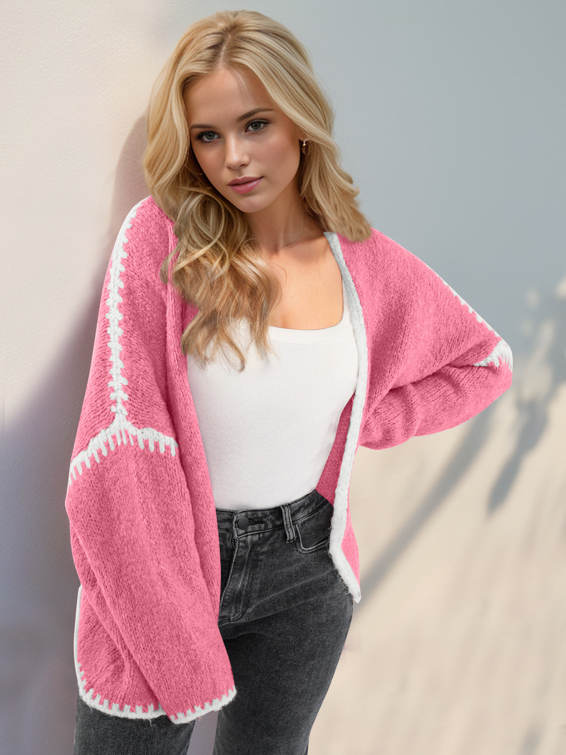 Double Take Contrast Open Front Dropped Shoulder Cardigan