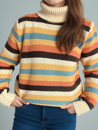 Contrast Stripes Turtleneck Long Sleeve Sweater