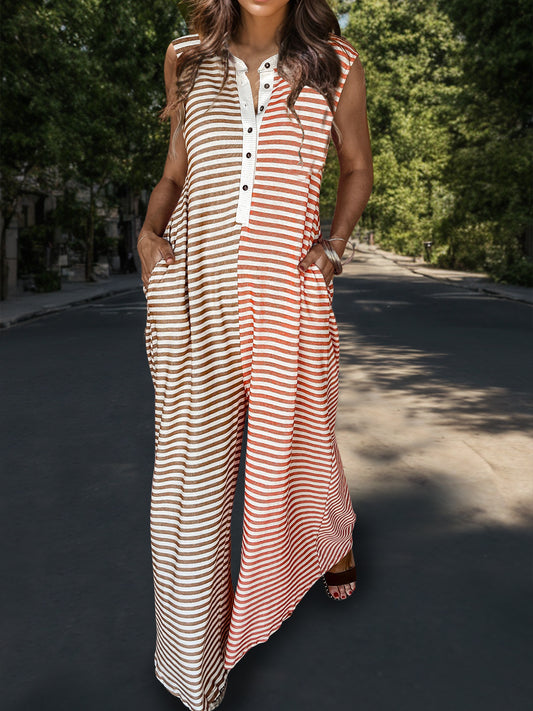 Striped Half Button Cap Sleeve Jumpsuit