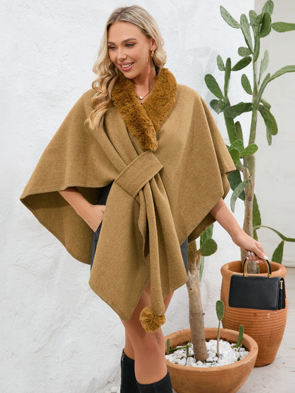 Fuzzy Trim Open Front Poncho