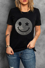 Load image into Gallery viewer, Rhinestone Smiley Round Neck Short Sleeve T-Shirt
