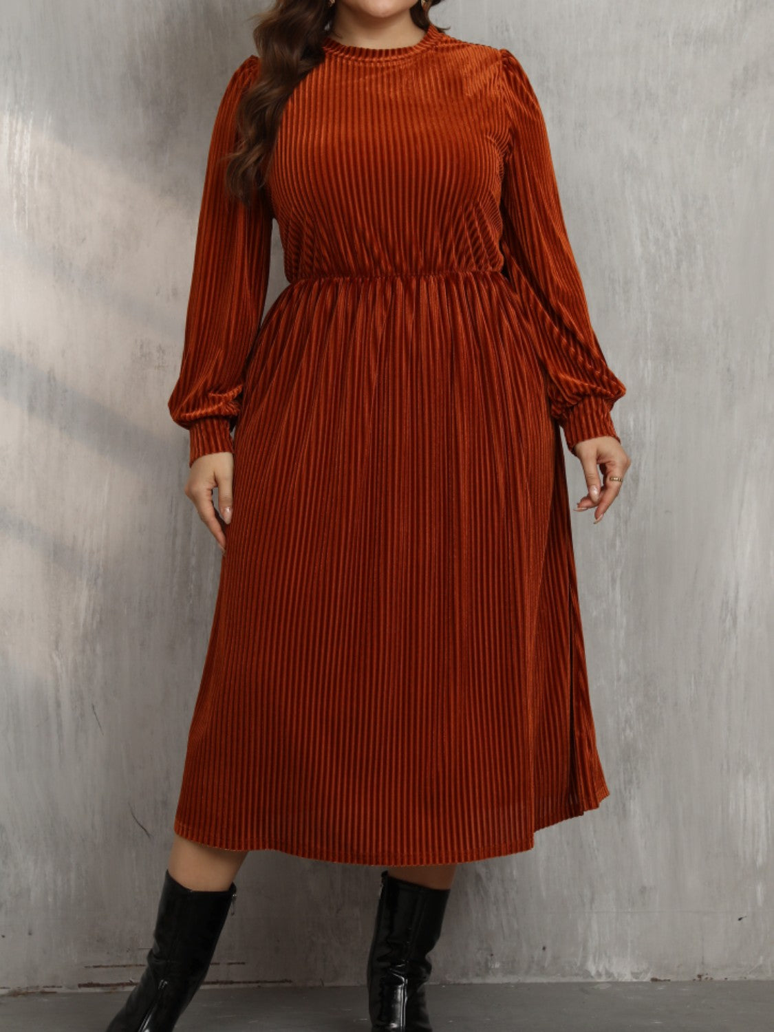 Plus Size Round Neck Long Sleeve Midi Dress