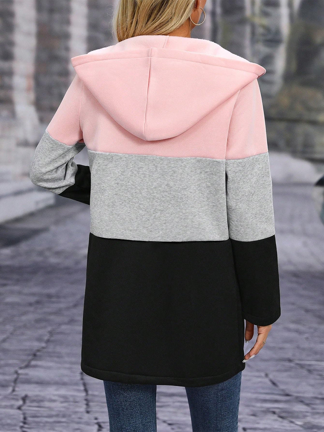 Color Block Zip Up Long Sleeve Hooded Outerwear