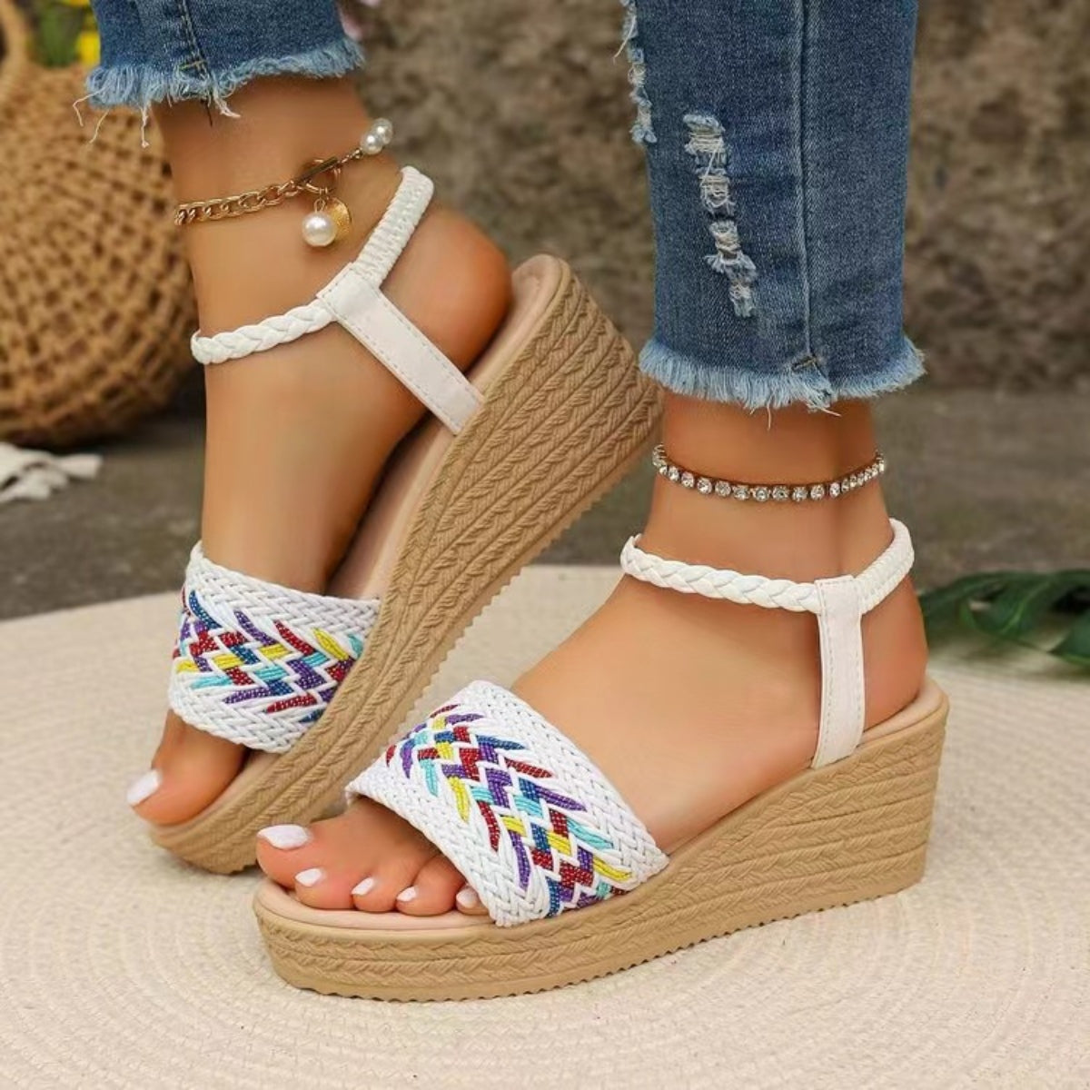 Open Toe Wedge Woven Sandals