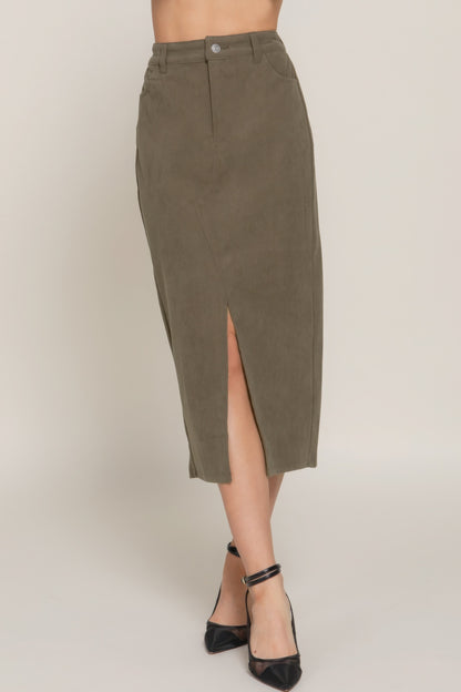 Front Open Slit Corduroy Midi Skirt