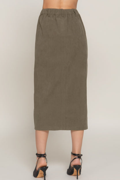 Front Open Slit Corduroy Midi Skirt