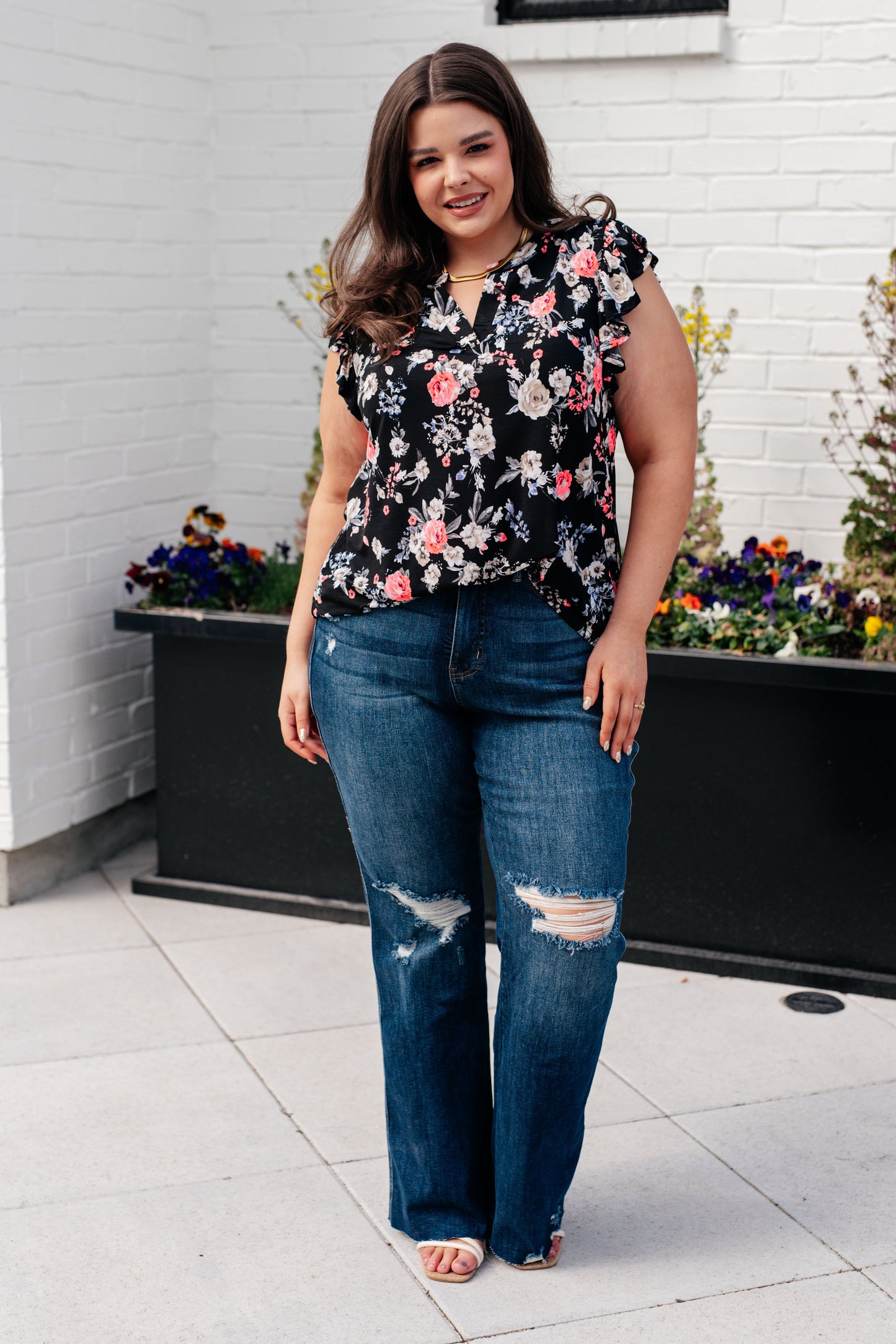 Lizzy Flutter Sleeve Top in Black and Muted Pink Floral