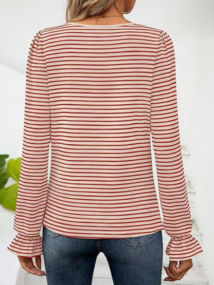 Striped Square Neck Flounce Sleeve Top