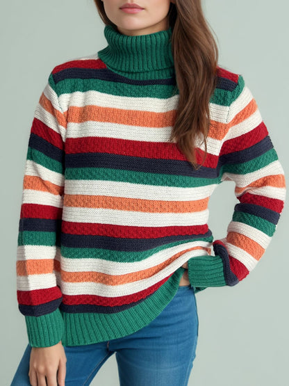 Contrast Stripes Turtleneck Long Sleeve Sweater