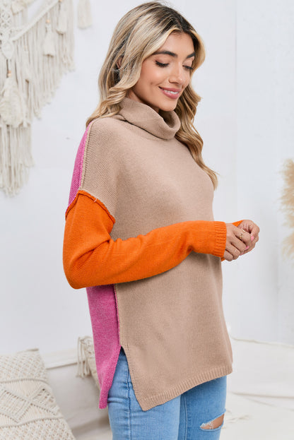 Turtle Neck Dropped Shoulder Slit Sweater