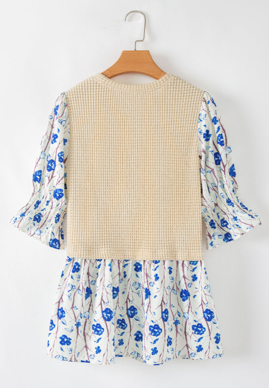 Waffle-Knit Printed Round Neck Flounce Sleeve Blouse