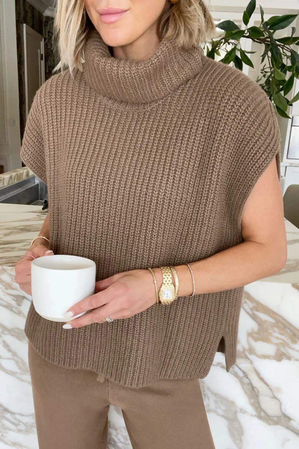 Slit Turtleneck Cap Sleeve Sweater