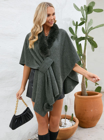 Fuzzy Trim Open Front Poncho