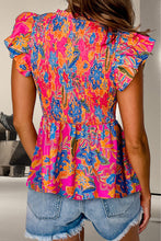 Load image into Gallery viewer, Smocked Printed V-Neck Cap Sleeve Blouse
