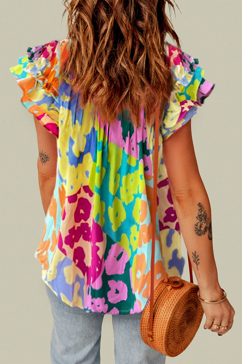 Ruffled Printed Tie Neck Cap Sleeve Blouse