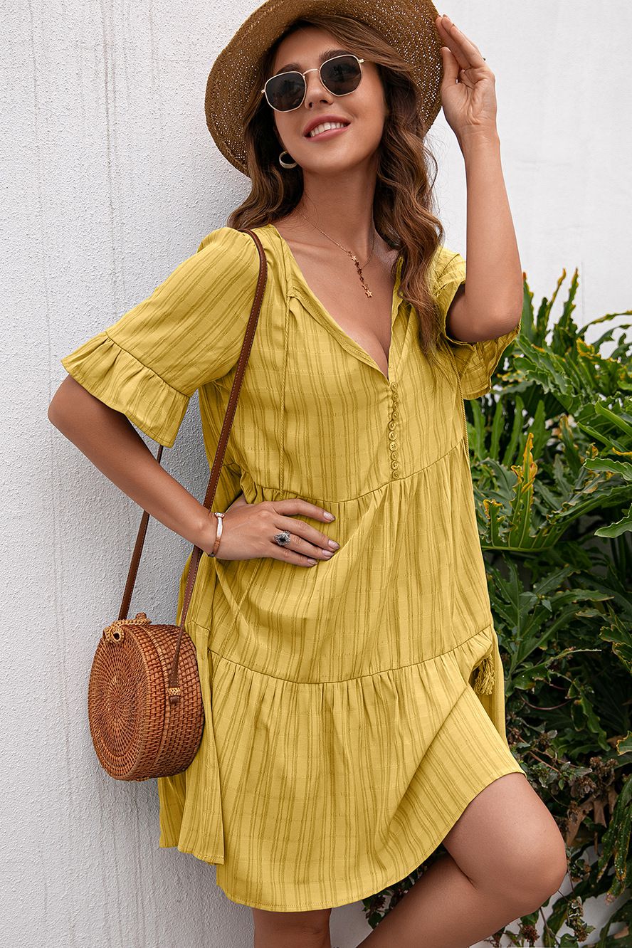 Tassel Tie-Neck Ruffle Hem Dress