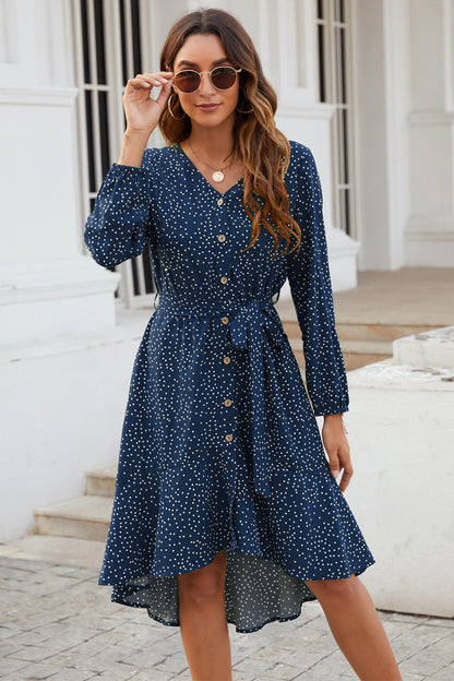 Polka Dot Button Through Flounce Dress