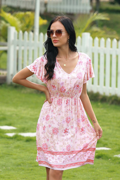 Full Size Range Floral Flutter Sleeve Knee-Length Dress