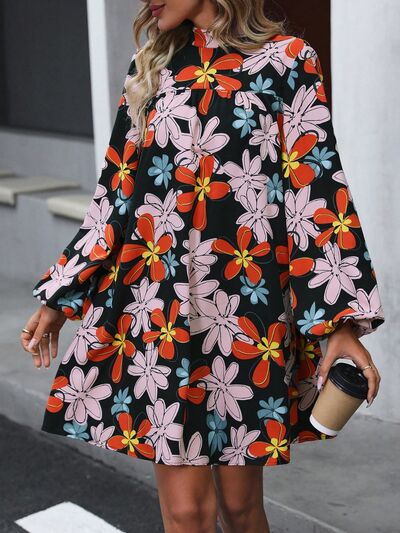 Floral Mock Neck Balloon Sleeve Dress