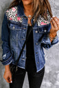 Mixed Print Distressed Button Front Denim Jacket