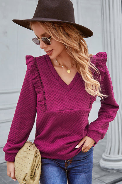 Ruffle Shoulder Waffle Pullover