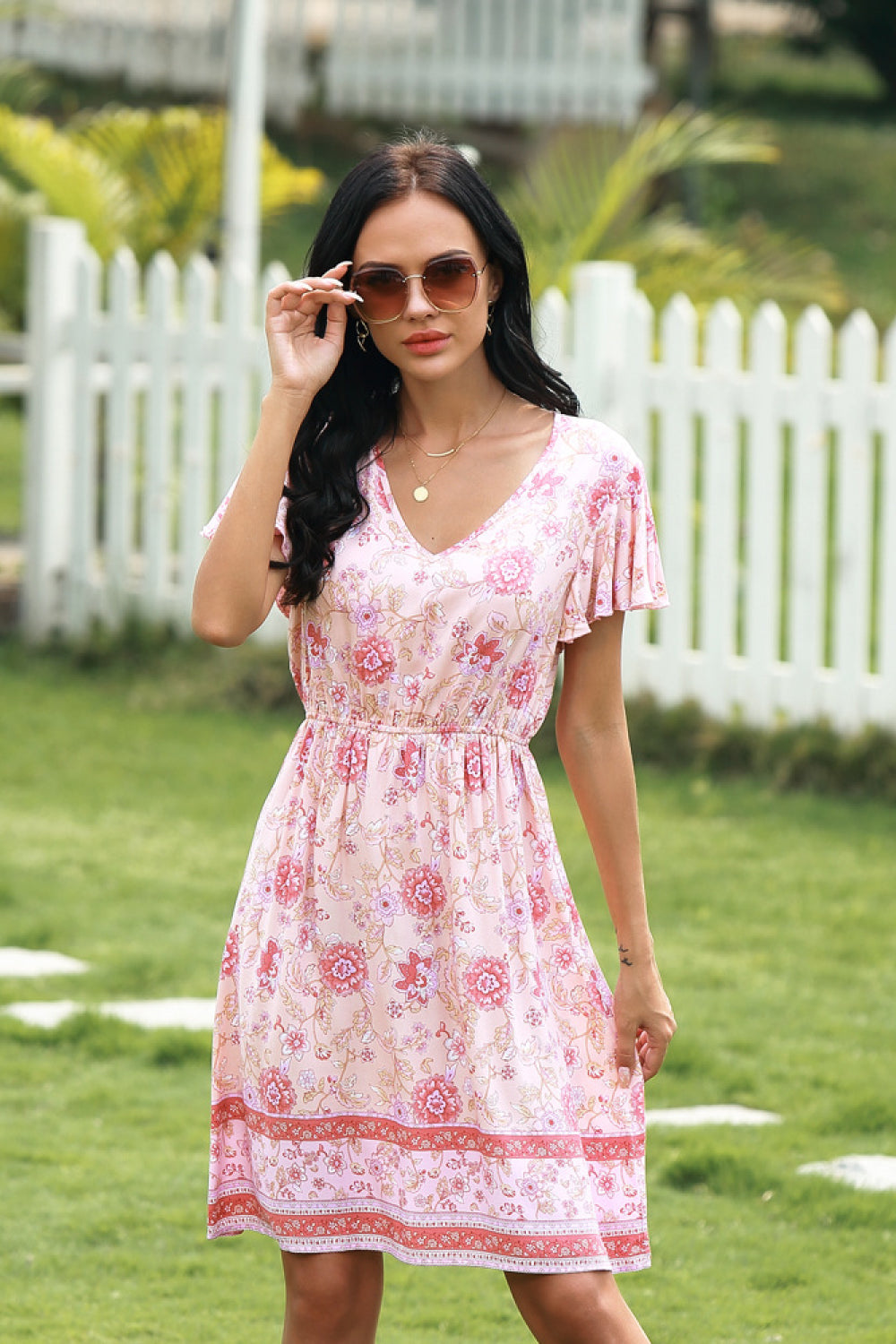 Full Size Range Floral Flutter Sleeve Knee-Length Dress