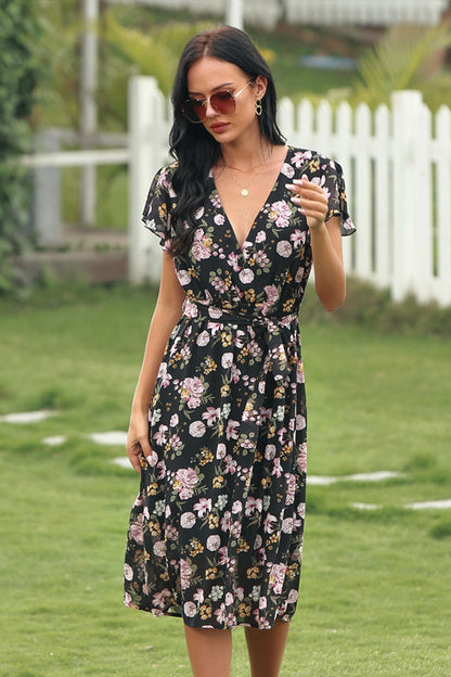 Printed Deep V-neck Elastic Waist Dress