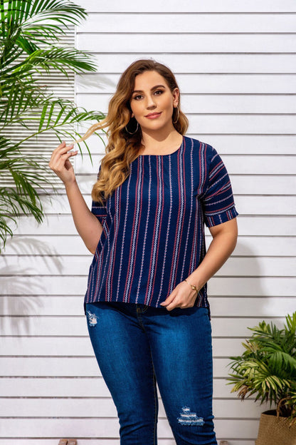 Plus Striped Round Neck Blouse