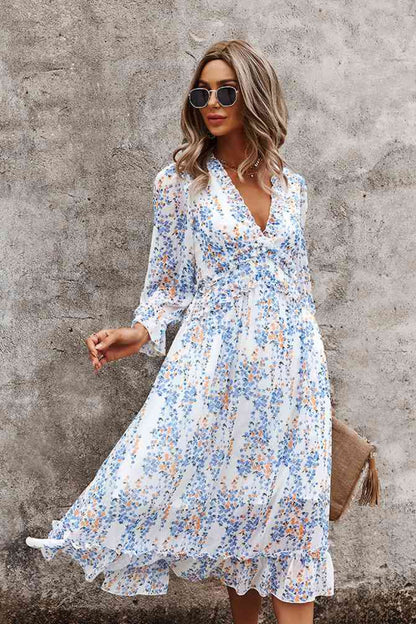 Ditsy Floral Deep V Ruffle Hem Dress