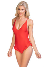 Load image into Gallery viewer, Solid one piece swimsuit with ruffle detail
