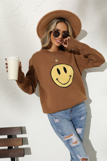 Round Neck Long Sleeve Smily Face Graphic Sweater