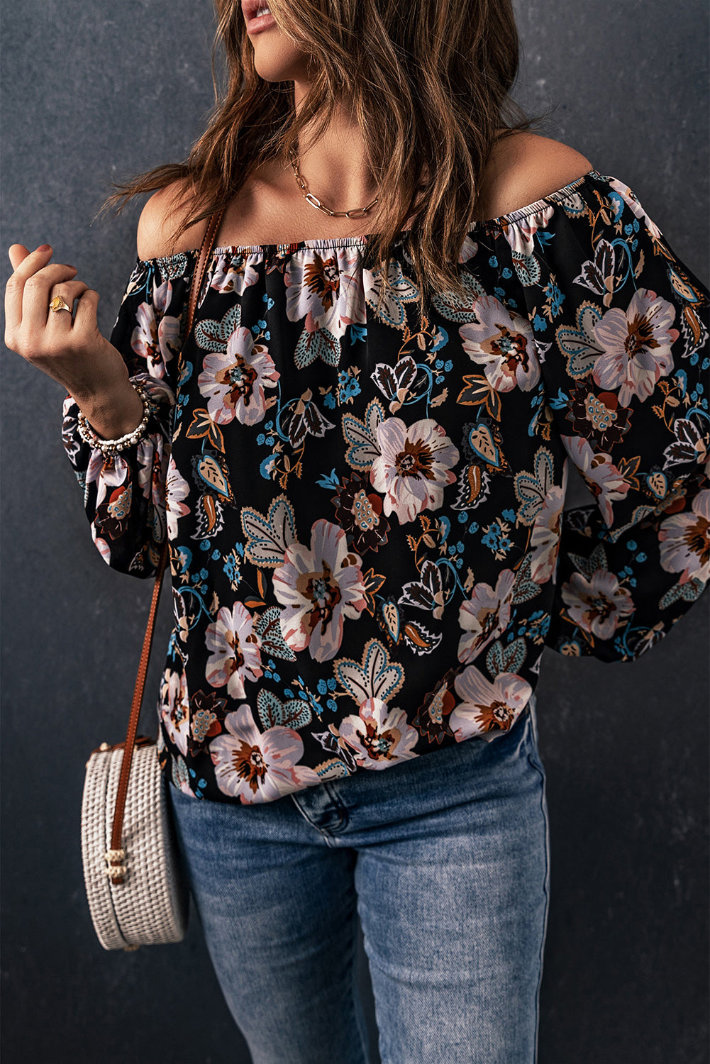 Floral Off-Shoulder Balloon Sleeve Blouse