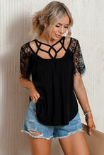 Load image into Gallery viewer, Strappy Neck Spliced Lace Eyelash Trim Blouse
